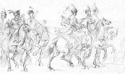 Excerpt - Polish light cavalry, cossacks, during their celebrated entry into Paris in 1645 - Aquaforta by Stefano della Bella